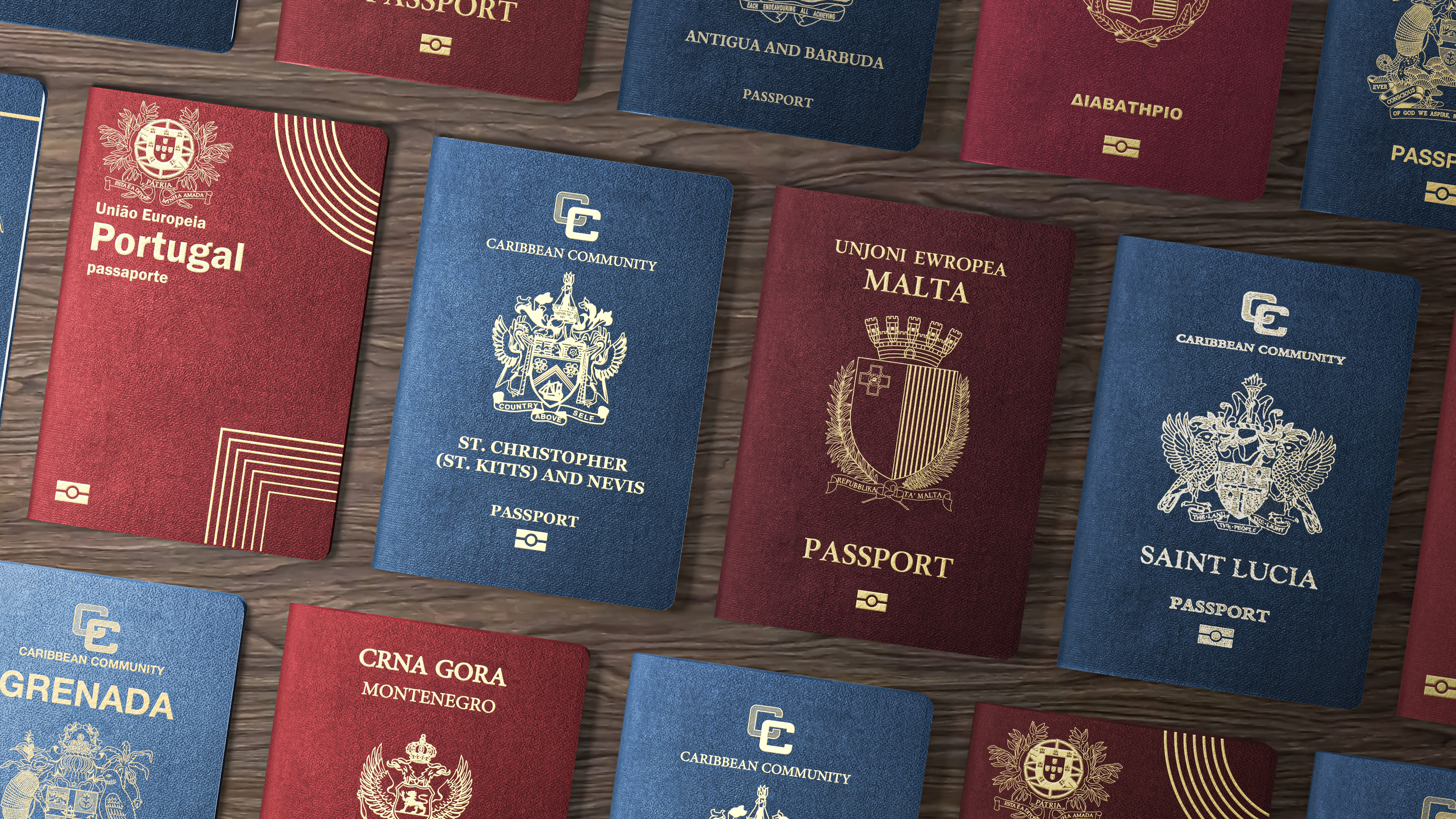 Passports from European and Caribbean countries arranged on a table, illustrating citizenship by investment