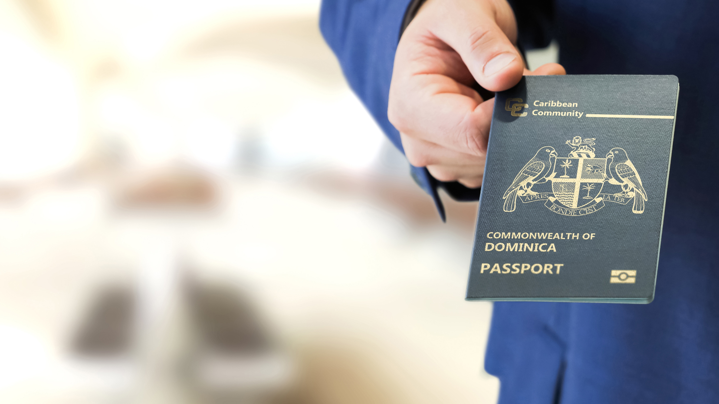 A person holds a Commonwealth of Dominica passport, illustrating the document involved in passport renewal procedures